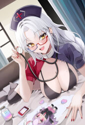 Rule 34 | 1girl, absurdres, bespectacled, bikini, black bikini, blue hat, blush, braid, breasts, character doll, cleavage, glasses, grey hair, hat, highres, holding, holding stethoscope, indoors, large breasts, long hair, looking at viewer, nurse cap, open mouth, oshimai, puffy short sleeves, puffy sleeves, reisen udongein inaba, short sleeves, single braid, smile, solo, stethoscope, swimsuit, touhou, two-tone dress, window, yagokoro eirin, yellow eyes