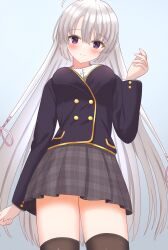 Rule 34 | 1girl, absurdres, ahoge, arm at side, ayachi nene, black jacket, black thighhighs, blush, breasts, closed mouth, commentary, cowboy shot, from below, grey hair, grey skirt, hair between eyes, hair ribbon, hand up, head tilt, highres, impossible clothes, jacket, large breasts, long hair, long sleeves, looking at viewer, miniskirt, pink ribbon, plaid, plaid skirt, pleated skirt, purple eyes, ribbon, ryu h2so4, sanoba witch, school uniform, simple background, skirt, smile, solo, split mouth, straight hair, thighhighs, tsurime, very long hair, white background, zettai ryouiki