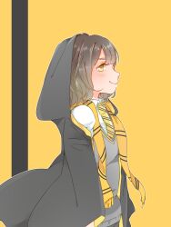Rule 34 | 1girl, absurdres, aida rikako, black background, black cloak, blush, cloak, closed mouth, collared shirt, diagonal-striped clothes, diagonal-striped necktie, dress shirt, grey sweater vest, harry potter (series), highres, hood, hood up, hooded cloak, kashikaze, looking at viewer, love live!, love live! sunshine!!, medium hair, necktie, open cloak, open clothes, outline, profile, real life, sakurauchi riko, scarf, shirt, solo, striped clothes, sweater vest, two-tone background, voice actor, voice actor connection, white outline, white shirt, wizarding world, yellow background, yellow eyes, yellow necktie, yellow scarf