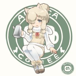 Rule 34 | 10s, 1girl, :d, alpaca, alpaca ears, alpaca suri (kemono friends), animal, animal ears, ankle boots, arm at side, bad id, bad pixiv id, beige background, beige ribbon, beige shorts, beige vest, blonde hair, blue eyes, blush, boots, breast pocket, character name, collar, cup, english text, eyelashes, footwear ribbon, full body, fur-trimmed boots, fur-trimmed sleeves, fur-trimmed vest, fur collar, fur trim, gradient ribbon, hair bun, hair ornament, hair over one eye, hair ribbon, hand up, holding, invisible chair, japari symbol, kemono friends, kettle, legs together, logo, long sleeves, looking at viewer, multicolored ribbon, nao (necomugi), neck ribbon, open mouth, pantyhose, pantyhose under shorts, pocket, red ribbon, ribbon, shiny skin, shirt, short hair, shorts, sidelocks, simple background, single hair bun, sitting, smile, solo, swept bangs, tareme, teacup, tress ribbon, vest, white footwear, white pantyhose, white shirt, yellow ribbon