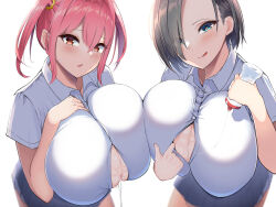 Rule 34 | 2girls, asymmetrical docking, black hair, blue eyes, blush, breast press, breasts, cleavage, hair over one eye, highres, huge breasts, licking lips, looking at viewer, lotion bottle, lube, multiple girls, naughty face, open mouth, original, paizuri invitation, pink hair, pleated skirt, red eyes, sakidesu, school uniform, scrunchie, shirt, short hair, simple background, skirt, tongue, tongue out, unbuttoned, unbuttoned shirt, white background, white shirt, yellow scrunchie