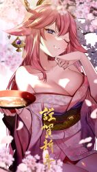 Rule 34 | 1girl, absurdres, animal ears, bare shoulders, blurry, blurry background, blurry foreground, breasts, brown sash, cherry blossom print, cherry blossoms, commentary request, cup, earrings, fingernails, floppy ears, floral print, floral print kimono, flower, fox ears, fox girl, genshin impact, gold earrings, grin, hair between eyes, hair ornament, halo, hand on own chin, highres, holding, holding cup, huge breasts, japanese clothes, jewelry, kazepana, kimono, lips, looking at viewer, nail polish, one eye closed, pink flower, pink hair, pink kimono, pink nails, print kimono, purple eyes, sakazuki, sash, smile, solo, teeth, thighs, translation request, vision (genshin impact), white background, wide sleeves, yae miko