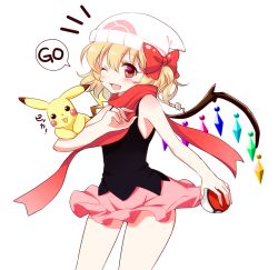 Rule 34 | 00s, 10s, 1girl, ;d, beanie, blonde hair, blush, blush stickers, bow, cosplay, creatures (company), dawn (pokemon), dawn (pokemon) (cosplay), flandre scarlet, game freak, gen 1 pokemon, hair bow, haruki (colorful macaron), hat, hip focus, looking at viewer, miniskirt, nintendo, one eye closed, open mouth, petite, pikachu, poke ball, poke ball (basic), pokemon, pokemon dppt, pokemon go, red bow, red eyes, red scarf, scarf, simple background, skirt, sleeveless, smile, standing, team shanghai alice, touhou, white background, wings
