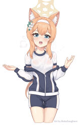Rule 34 | 1girl, :o, absurdres, animal ear fluff, animal ears, batazungharn, blue archive, blue eyes, cat ears, cat girl, commentary request, flower, gym shirt, gym shorts, gym uniform, hair between eyes, hair flower, hair ornament, hairband, halo, highres, hot, jacket, long hair, long sleeves, looking at viewer, low ponytail, mari (blue archive), mari (track) (blue archive), official alternate costume, open clothes, open jacket, orange hair, see-through, see-through shirt, shirt, short sleeves, shorts, sidelocks, simple background, solo, sweat, track jacket, wet, wet clothes, wet shirt, white shirt