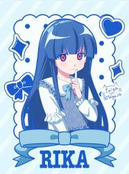 Rule 34 | 1girl, :3, alternate costume, blue bow, blue hair, blunt bangs, blush, bow, character name, closed mouth, colored eyelashes, commentary, eyelashes, eyes visible through hair, finger to mouth, frilled shirt collar, frilled sleeves, frills, furude rika, hand up, heart, heart in eye, highres, higurashi no naku koro ni, index finger raised, light blue background, long hair, long sleeves, looking at viewer, purple eyes, shirt, signature, simple background, smile, solo, sparkle, straight hair, symbol in eye, taiga sb, twitter username, very long hair, white shirt
