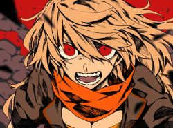 Rule 34 | 1girl, angry, bad id, bad twitter id, blonde hair, breasts, cleavage, hosomitimiti, long hair, looking at viewer, open mouth, red background, red eyes, rwby, scarf, solo, teeth, yang xiao long