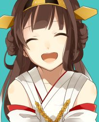 Rule 34 | 10s, 1girl, bad id, bad pixiv id, bare shoulders, brown hair, chisumi, closed eyes, detached sleeves, facing viewer, female focus, hairband, headgear, kantai collection, kongou (kancolle), long hair, nontraditional miko, open mouth, simple background, solo