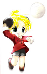 Rule 34 | 1girl, :d, androgynous, arm up, ball, black shorts, blonde hair, bun cover, child, clothes writing, di gi charat, double bun, full body, green eyes, hair bun, highres, jumping, koge donbo, motion lines, open mouth, piyoko, ponytail, red shirt, shirt, shoes, short hair, shorts, simple background, smile, sneakers, solo, tareme, volleyball, volleyball (object), white background