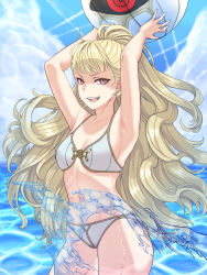 Rule 34 | 1girl, absurdres, adapted costume, armpits, arms up, ball, beach, beachball, bikini, blonde hair, breasts, brown eyes, cleavage, cloud, cloudy sky, collarbone, commission, day, earrings, eitri (fire emblem), fire emblem, fire emblem heroes, highres, holding, holding ball, holding beachball, jewelry, long hair, looking at viewer, navel, nintendo, pocari66, ponytail, sky, small breasts, smile, smug, solo, swimsuit, teeth, very long hair, water, white bikini