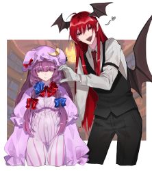 Rule 34 | 1boy, 1girl, black pants, black vest, black wings, blue bow, bow, breasts, capelet, demon wings, dress, fang, frown, fuuga (perv rsity), genderswap, genderswap (ftm), gloves, hair bow, hat, head wings, heart, highres, koakuma, library, long hair, long sleeves, looking at viewer, medium breasts, mob cap, necktie, pants, patchouli knowledge, purple capelet, purple dress, purple eyes, purple hair, purple headwear, red bow, red eyes, red hair, red neckwear, shirt, sidelocks, smile, striped clothes, striped dress, touhou, vest, white gloves, white shirt, wings