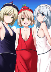 Rule 34 | 3girls, :d, alternate costume, arms behind back, bare shoulders, black headwear, black skirt, black tank top, blonde hair, blue eyes, blue hair, blue sky, blush, breasts, brown eyes, brown hair, cleavage, cloud, collarbone, commentary request, cowboy shot, crescent, day, from side, hair between eyes, head tilt, highres, looking at viewer, lunasa prismriver, lyrica prismriver, medium breasts, merlin prismriver, multiple girls, nori tamago, open mouth, outdoors, parted lips, red headwear, red skirt, red tank top, shirt, short hair, siblings, sisters, skirt, skirt set, sky, small breasts, smile, standing, star (symbol), tank top, touhou, white headwear, white shirt, white skirt, yellow eyes