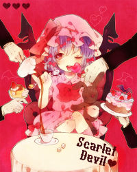 Rule 34 | 1girl, animal ears, bad id, bad pixiv id, bat wings, bow, cake, candy, chair, cup, dress, embodiment of scarlet devil, female focus, fingernails, food, fruit, hair between eyes, hair ribbon, hat, hat bow, heart, holding, kneehighs, knees, legs, lollipop, long image, long sleeves, looking at viewer, miyako (xxxbibit), multiple hands, myk, one eye closed, open mouth, ornament, pinky out, plate, pouring, purple hair, rabbit ears, red background, red eyes, remilia scarlet, ribbon, serving, shaped lollipop, short hair, short sleeves, simple background, sitting, skirt, skirt set, socks, solo, solo focus, spoon, strawberry, stuffed animal, stuffed rabbit, stuffed toy, sugar cube, table, tall image, teacup, teapot, text focus, tongue, touhou, tress ribbon, wings, wink