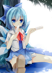 Rule 34 | 1girl, blue dress, blue eyes, blue hair, bow, cirno, dress, dual wielding, eyebrows, female focus, food, hair bow, holding, ice, ice wings, leaning back, matching hair/eyes, popsicle, shadow, shirt, short sleeves, sitting, solo, touhou, tree, wings, yuuhagi (amaretto-no-natsu)
