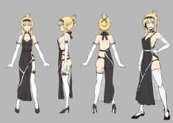 Rule 34 | 1girl, artist request, back, black bow, black collar, black dress, black headband, blonde hair, blue eyes, blush, bow, breasts, character sheet, cleavage, closed mouth, collar, dress, elbow gloves, elf, full body, gloves, grey background, hand on own hip, hand up, headband, high heels, medium breasts, monster girl, official art, open mouth, orc massage, pointy ears, sideboob, simple background, smile, standing, thalia (orc massage), thighhighs, white gloves, x