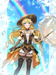 Rule 34 | 1girl, bare shoulders, blonde hair, blue eyes, bodice, brown gloves, brown hat, brown sleeves, brown thighhighs, commentary request, detached sleeves, dress, drill hair, genshin impact, gloves, hat, highres, holding, holding umbrella, lllkalllwalll, long hair, looking up, navia (genshin impact), open mouth, parasol, rainbow, showgirl skirt, single glove, smile, solo, strapless, strapless dress, thighhighs, umbrella