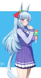 Rule 34 | 1girl, a.nori, absurdres, animal ears, artist name, blue background, blue hair, blush, braid, breasts, commentary request, cowboy shot, crown braid, dated, ear ornament, food, highres, holding, holding spoon, horse ears, horse girl, horse tail, ice cream, ice cream cone, large breasts, light blue hair, long hair, long sleeves, mejiro ardan (umamusume), notice lines, petticoat, pleated skirt, purple serafuku, purple shirt, purple skirt, sailor collar, school uniform, serafuku, shirt, simple background, skirt, solo, spoon, tail, tracen school uniform, two-tone background, umamusume, winter uniform