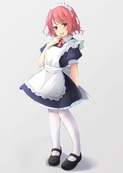 Rule 34 | 1girl, apron, black dress, black footwear, blush, bow, collared dress, commentary request, dress, frilled apron, frilled dress, frills, full body, grey background, hand up, highres, looking at viewer, maid, maid apron, maid headdress, open mouth, original, pantyhose, pink bow, puffy short sleeves, puffy sleeves, red eyes, red hair, shadow, shibacha, shoes, short sleeves, simple background, solo, standing, white apron, white pantyhose