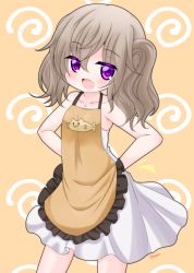 Rule 34 | 1girl, :d, apron, arms behind back, bare arms, bare shoulders, blush, breasts, brown apron, brown background, brown hair, collarbone, commentary request, dress, fang, frilled apron, frills, hair between eyes, highres, kanijiru, looking at viewer, open mouth, purple eyes, slow loop, small breasts, smile, solo, standing, twintails, twitter username, white dress, yoshinaga koi