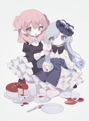 Rule 34 | 2girls, :&lt;, :d, absurdres, black bow, black bowtie, black footwear, black shirt, blue eyes, blue hair, blueberry, bow, bowtie, brown eyes, brown footwear, buttons, cake, cheesecake, closed mouth, clothing request, collared dress, cup, curly hair, daizu (melon-lemon), dress, eyes visible through hair, food, fork, frilled dress, frills, fruit, grey background, heterochromia, highres, holding, holding fork, juliet sleeves, kneehighs, knife, light blue hair, long hair, long sleeves, looking at viewer, medium hair, multiple girls, open mouth, original, pink hair, plate, puffy sleeves, purple eyes, saucer, seiza, shadow, shirt, simple background, sitting, smile, socks, spill, star-shaped pupils, star (symbol), strawberry, sweat, symbol-shaped pupils, teacup, two side up, white dress, white socks