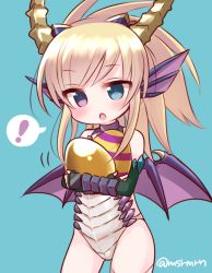 Rule 34 | !, 1girl, :o, animal ears, bad id, bad pixiv id, blonde hair, blue background, blue eyes, blue sonia (p&amp;d), child, dragon ears, dragon girl, dragon horns, dragon wings, egg, elbow gloves, fingerless gloves, fins, gloves, head fins, holding, horns, mashiro miru, purple eyes, puzzle &amp; dragons, scales, simple background, solo, sonia (p&amp;d), spoken exclamation mark, twitter username, vambraces, wings