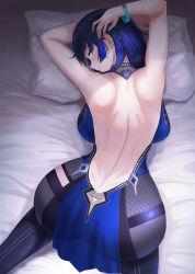 Rule 34 | 1girl, arms up, ass, back, backboob, backless outfit, bed sheet, black pantyhose, blue hair, bracelet, braid, breasts, cameltoe, closed mouth, dimples of venus, ear piercing, feet out of frame, from above, from behind, genshin impact, gino (gino h), green eyes, highres, jewelry, large breasts, looking at viewer, looking back, looking up, on bed, pantyhose, piercing, pillow, see-through, short hair, shoulder blades, smile, solo, top-down bottom-up, yelan (genshin impact)