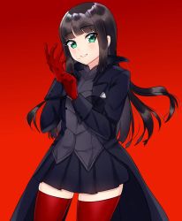 Rule 34 | 1girl, adapted costume, amamiya ren, amamiya ren (cosplay), black hair, black jacket, black skirt, blunt bangs, blush, cosplay, cowboy shot, gloves, green eyes, highres, jacket, kurosawa dia, long hair, long sleeves, looking at viewer, love live!, love live! sunshine!!, mole, mole under mouth, persona, persona 5, red background, red gloves, red thighhighs, sidelocks, simple background, skirt, smile, solo, standing, sweetie cyanide, thighhighs, thighs, very long hair