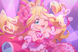 1girl arm_warmers blonde_hair blue_eyes blush brooch commentary_request crop_top cure_idol detached_sleeves drill_hair earrings hair_ornament hair_ribbon hairband headset heart heart_brooch heart_earrings heart_hair_ornament heart_hands highres jewelry kimi_to_idol_precure long_hair magical_girl midriff navel one_eye_closed open_mouth pink_ribbon pink_shirt pink_skirt precure puffy_detached_sleeves puffy_sleeves ribbon sakura_uta_(precure) shirt single_arm_warmer skirt smile solo twin_drills upper_body usiusi_nanas white_hairband wrist_cuffs