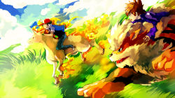 Rule 34 | 2boys, arcanine, ash ketchum, baseball cap, black hair, brown eyes, brown hair, child, cloud, creature, creatures (company), day, denim, fangs, fiery hair, fiery tail, from side, game freak, gary oak, gen 1 pokemon, hat, highres, horns, horse, jeans, long sleeves, male focus, multiple boys, nature, nintendo, open mouth, outdoors, pants, pokemon, pokemon (anime), pokemon (classic anime), pokemon (creature), racing, rapidash, riding, riding pokemon, running, sa-dui, shoes, short sleeves, single horn, tail