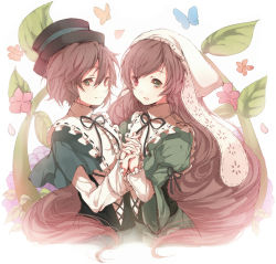 Rule 34 | 00s, 2girls, bad id, bad pixiv id, brown hair, bug, butterfly, dress, frills, hairband, hat, heterochromia, holding hands, insect, leaf, long hair, multiple girls, rozen maiden, short hair, siblings, sisters, souseiseki, suiseiseki, tetsuo (tashirosu), twins