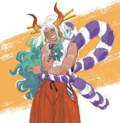 Rule 34 | 1girl, androgynous, bare arms, bare shoulders, bett tim, biceps, blush, chain, club (weapon), cuffs, curled horns, earrings, green hair, grin, hair ornament, hair stick, hand on own cheek, hand on own face, hand up, head tilt, high ponytail, highres, hoop earrings, horns, japanese clothes, jewelry, kanabou, kataginu, long hair, looking at viewer, middle finger, multicolored hair, multicolored horns, one piece, oni, red horns, rope, scar, shackles, shimenawa, sketch, smile, solo focus, tan, very long hair, weapon, white hair, yamato (one piece), yellow eyes, yellow horns