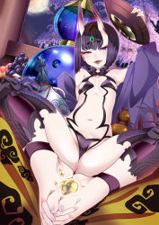 Rule 34 | 1girl, :d, alcohol, barefoot, bob cut, bottle, breasts, cherry blossoms, cup, eyebrows, eyeliner, eyeshadow, fate/grand order, fate (series), feet, feet together, food, fruit, full body, gourd, groin, hair ornament, hatumi, holding, holding plate, horns, japanese clothes, jewelry, kimono, long sleeves, makeup, moon, navel, off shoulder, oni, open clothes, open kimono, open mouth, plate, purple eyes, purple hair, revealing clothes, sakazuki, short hair, shuten douji (fate), skin-covered horns, small breasts, smile, solo, stomach, teeth, thighhighs, toes, tongue, tree, wakamezake, wide sleeves