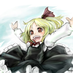 Rule 34 | 1girl, blonde hair, embodiment of scarlet devil, female focus, hair ribbon, open mouth, outstretched arms, red eyes, ribbon, rumia, short hair, solo, spread arms, touhou, wakie