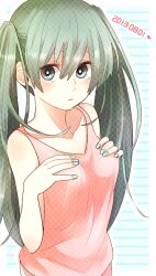 Rule 34 | 1girl, blush, border, breasts day, bright pupils, collarbone, dated, green eyes, green hair, green nails, hair between eyes, hands on own breasts, hatsune miku, long hair, nail polish, ni hoshi, pink shirt, pink tank top, shirt, solo, striped, striped background, tank top, twintails, vocaloid, white border, white pupils