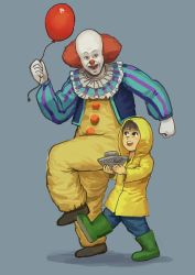 Rule 34 | 2boys, :d, absurdres, balloon, black eyes, blue background, blue pants, blush, bodysuit, boots, brown hair, chanta (ayatakaoisii), clown, georgie denbrough, gloves, highres, holding, it (stephen king), jacket, long sleeves, male focus, multiple boys, open mouth, pants, paper boat, pennywise, raincoat, red hair, rubber boots, sanpaku, simple background, smile, standing, standing on one leg, walking, white gloves
