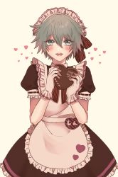Rule 34 | 1boy, apron, blue eyes, blue hair, blush, bow, brown shirt, brown skirt, candy, chocolate, chocolate heart, crossdressing, food, frilled apron, frilled gloves, frilled skirt, frilled sleeves, frills, gloves, heart, heart-shaped pupils, highres, hiyori sou, holding, holding food, kimi ga shine, looking at viewer, maid, maid apron, maid headdress, open mouth, petticoat, puffy short sleeves, puffy sleeves, ribbon, shirt, short hair, short sleeves, simple background, skirt, striped, striped bow, symbol-shaped pupils, uououoon, white gloves