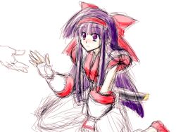 Rule 34 | 1boy, 1girl, ainu clothes, arm support, boots, breasts, fingerless gloves, gloves, hair ribbon, highres, legs, long hair, medium breasts, nakoruru, outstretched arm, pants, parted lips, purple eyes, purple hair, ribbon, samurai spirits, sitting, sketch, snk, the king of fighters, thighs, traditional media, weapon