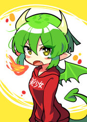 Rule 34 | 1girl, blush, draco centauros, dragon girl, dragon horns, dragon tail, dragon wings, fang, fire, green hair, highres, hood, hoodie, horns, looking at viewer, offbeat, open mouth, pointy ears, puyopuyo, red hoodie, short hair, solo, tail, translation request, wings, yellow eyes