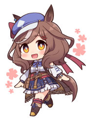 Rule 34 | 1girl, animal ears, boots, bow, bowtie, brown hair, cabbie hat, cherry blossoms, chibi, dress, frilled dress, frills, hair ornament, hairclip, hat, hat bow, highres, horse ears, horse girl, horse tail, long hair, looking at viewer, matikane tannhauser (umamusume), multicolored hair, open mouth, purple bow, purple bowtie, simoyuki, smile, solo, streaked hair, tail, umamusume, white background, white hair, yellow eyes
