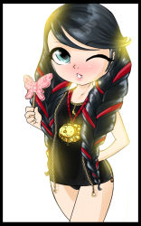 Rule 34 | 1girl, bad deviantart id, bad id, bayonetta (series), bayonetta 1, black hair, blossomppg, blue eyes, border, braid, candy, cereza, child, flat chest, food, hand on own hip, hip focus, holding, lips, lollipop, long hair, medal, medallion, one-piece swimsuit, one eye closed, parted lips, solo, swimsuit, twin braids, wink
