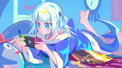 Rule 34 | 1girl, barefoot, bloop (gawr gura), blue background, blue eyes, blue hair, blue hoodie, blush, chips (food), closed mouth, commentary, ebi-chan (gawr gura), eyelashes, feet, feet up, fins, fish tail, food, full body, gawr gura, gawr gura (1st costume), grey hair, hair ornament, handheld game console, highres, holding, hololive, hololive english, hood, hoodie, indoors, long hair, lying, multicolored hair, nintendo switch, on stomach, oversized clothes, potato chips, shadow, shark hair ornament, shark tail, soles, solo, streaked hair, stuffed animal, stuffed toy, tail, the pose, toes, two side up, virtual youtuber, zb relic