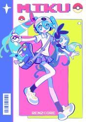 Rule 34 | 1girl, absurdres, artist name, bag, barcode, beanie, black skirt, black socks, blue background, blue eyes, blue hair, blue necktie, bracelet, bright pupils, character name, collared shirt, commentary, creature on arm, creatures (company), game freak, gen 5 pokemon, hair ribbon, hair through headwear, hat, hatsune miku, headphones, highres, holding, holding poke ball, jewelry, legendary pokemon, long hair, looking at viewer, meloetta, meloetta (aria), multicolored background, multicolored eyes, mythical pokemon, necktie, nintendo, outstretched arms, pink background, pink eyes, pleated skirt, poke ball, pokemon, pokemon (creature), project voltage, psychic miku (project voltage), red ribbon, renzhi00334233, ribbon, shirt, shoes, short sleeves, shoulder bag, skirt, smile, sneakers, socks, solo, spread arms, standing, standing on one leg, sweater, symbol-only commentary, twintails, unworn necktie, vocaloid, white background, white hat, white pupils, white shirt, white sweater, yellow background