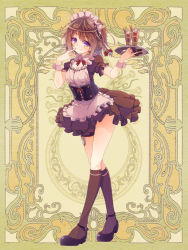 Rule 34 | 1girl, brown hair, chocolate, dagger, dennryuurai, finger to mouth, food, frills, glass, green background, ice cream, knife, leg belt, looking at viewer, maid, maid headdress, parfait, patterned background, psychic hearts, purple eyes, purple footwear, purple socks, ribbon, shoes, short hair, skirt, smile, socks, solo, tray, waitress, weapon, whipped cream, white background, wrist cuffs, yellow background