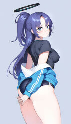 Rule 34 | 1girl, arms behind back, ass, black shirt, blue archive, blue eyes, blue jacket, bobobong, breasts, buruma, cowboy shot, from behind, halo, highres, interlocked fingers, jacket, large breasts, long hair, looking at viewer, looking back, off shoulder, official alternate costume, ponytail, purple hair, shirt, solo, sportswear, sweat, thighs, track jacket, yuuka (blue archive), yuuka (track) (blue archive)
