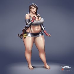 Rule 34 | 1girl, bare shoulders, barefoot, black hair, blush, breasts, brown eyes, cleavage, curvy, feet, female focus, final fantasy, final fantasy vii, full body, large breasts, long hair, nail polish, navel, pinkdrawz, plump, smile, solo, standing, thick thighs, thighs, tifa lockhart, wide hips