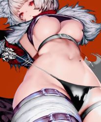 Rule 34 | 1girl, animal ears, bad id, bad twitter id, bandaged leg, bandages, belt, black panties, blunt bangs, breasts, commentary request, cowboy shot, crop top, from below, fur, gauntlets, highleg, highleg panties, large breasts, looking at viewer, midriff, mole, mole on stomach, navel, neu (purusawa), original, panties, panty pull, parted lips, puffy nipples, pulled by self, purusawa, red background, red eyes, short hair, simple background, solo, thigh strap, thighs, underboob, underwear, white hair