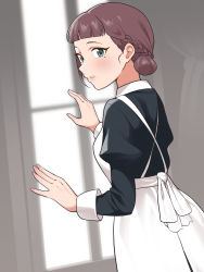 Rule 34 | 1girl, absurdres, apron, braid, breasts, brown hair, commentary request, from behind, green eyes, hair bun, highres, koaraya, long sleeves, love live!, love live! superstar!!, maid apron, medium breasts, mole, mole under eye, saya (love live!), single hair bun, solo