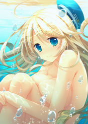 Rule 34 | 10s, 1girl, aqua eyes, atago (kancolle), blonde hair, breasts, bubble, fetal position, hat, kantai collection, large breasts, long hair, looking at viewer, md5 mismatch, mizuno sao, nude, personification, smile, solo, underwater
