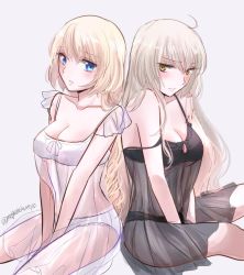 Rule 34 | 2girls, ahoge, alternate costume, bare shoulders, blonde hair, blue eyes, blush, breasts, cleavage, collarbone, dual persona, fate/apocrypha, fate/grand order, fate (series), jeanne d&#039;arc (fate), jeanne d&#039;arc (ruler) (fate), jeanne d&#039;arc alter (avenger) (fate), jeanne d&#039;arc alter (fate), long hair, looking at viewer, medium breasts, multiple girls, nightgown, omizu (omz), ruler (fate/grand order), see-through, silver hair, sitting, sleeveless, twitter username, v arms, yellow eyes
