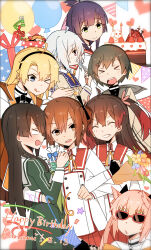 &gt;_&lt; 6+girls ;q ahoge arm_hug asakura_mihono ayanokouji_martial_arts_school_uniform balloon birthday_cake black_hair black_hairband blank_eyes blonde_hair blue_eyes blunt_bangs blush bouquet brown_eyes brown_hair cake candle character_name closed_eyes commentary_request cookie dated dress etou_kanami flower folded_ponytail food fork gift gradient_hair green_dress green_eyes grey_hair hair_between_eyes hair_horns hairband happy_birthday heijou_institute_school_uniform highres holding holding_bouquet holding_fork hug itomi_sayaka jacket juujou_hiyori kohagura_ellen lionet0806 long_hair long_sleeves looking_at_another mashiko_kaoru minoseki_gakuin_uniform mint_chocolate multicolored_hair multiple_girls neck_ribbon nene_(toji_no_miko) novelty_glasses one_eye_closed one_side_up open_mouth orange_jacket orange_ribbon osafune_girls_academy_school_uniform party_popper pink_hair purple_hair red-framed_eyewear red_hair red_sailor_collar renpu_girls_school_uniform ribbon sailor_collar school_uniform shirt short_hair sidelocks smile standing sunglasses sweatdrop toji_no_miko tongue tongue_out twintails two_side_up uchizato_ayumu wavy_mouth white_shirt yanase_mai