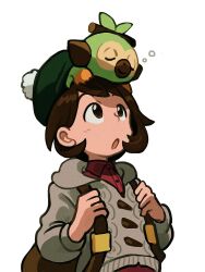 Rule 34 | 1girl, :o, backpack, bag, bob cut, brown bag, brown eyes, brown hair, bubble, buttons, cable knit, cardigan, collared dress, commentary, creatures (company), dress, elizabeth (tomas21), game freak, gen 8 pokemon, gloria (pokemon), green headwear, grey cardigan, grookey, hat, highres, holding strap, hooded cardigan, looking up, nintendo, on head, pokemon, pokemon (creature), pokemon on head, pokemon swsh, short hair, simple background, sleeping, tam o&#039; shanter, white background